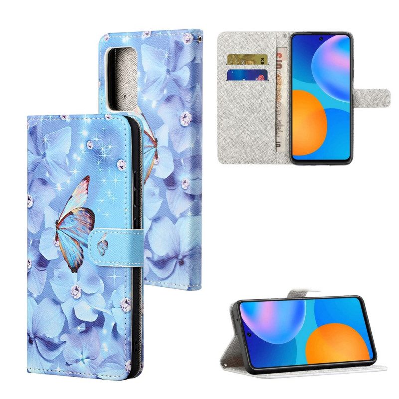 Folio-hoesje voor Xiaomi Redmi Note 11 / 11S Met Ketting Strappy Diamanten Vlinders