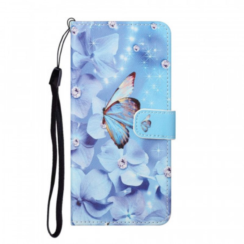 Folio-hoesje voor Samsung Galaxy S22 Plus 5G Met Ketting Strappy Diamanten Vlinders