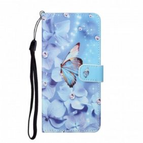 Folio-hoesje voor Samsung Galaxy S22 Plus 5G Met Ketting Strappy Diamanten Vlinders