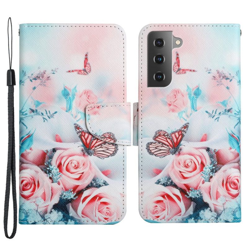 Leren Hoesje voor Samsung Galaxy S22 Plus 5G Boeket Bloemen En Vlinders