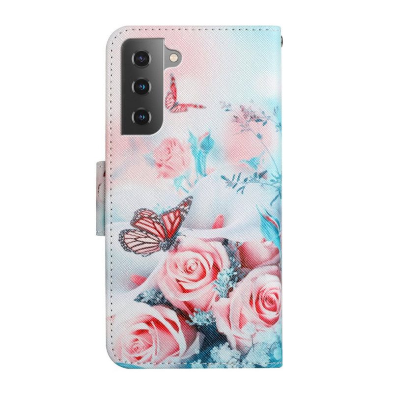 Leren Hoesje voor Samsung Galaxy S22 Plus 5G Boeket Bloemen En Vlinders