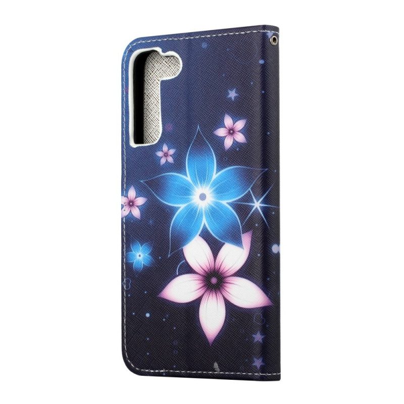 Leren Hoesje voor Samsung Galaxy S22 Plus 5G Met Ketting Maanband Bloemen