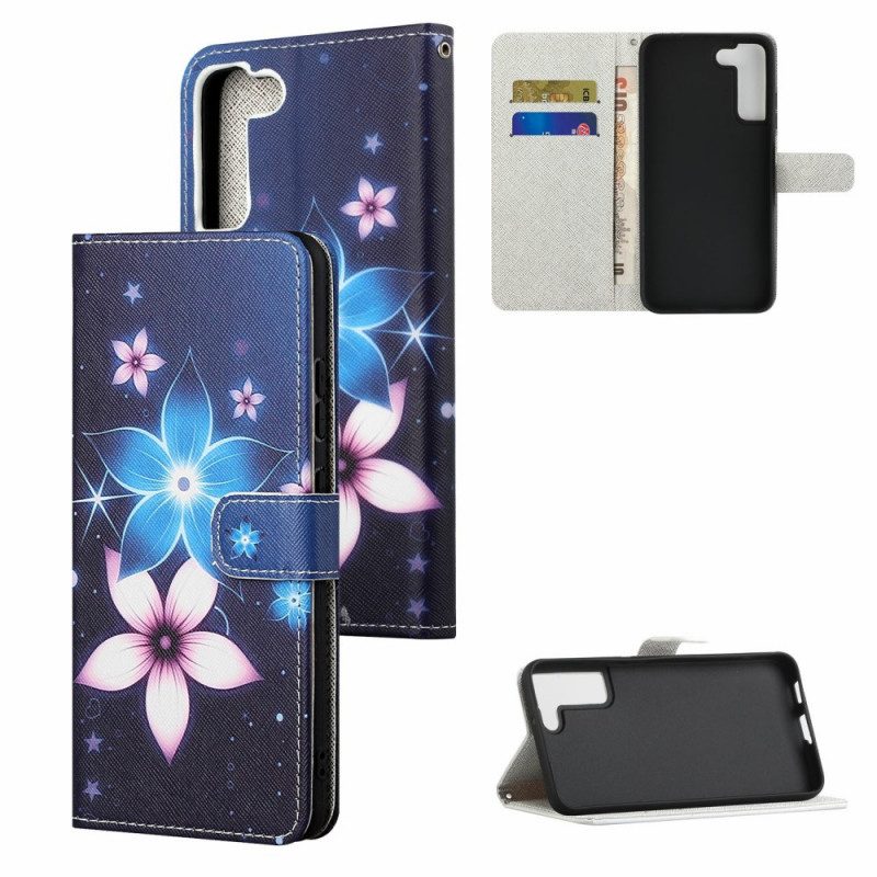 Leren Hoesje voor Samsung Galaxy S22 Plus 5G Met Ketting Maanband Bloemen