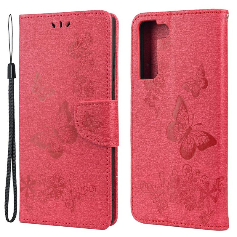 Leren Hoesje voor Samsung Galaxy S22 Plus 5G Met Ketting Prachtige Riemvlinders