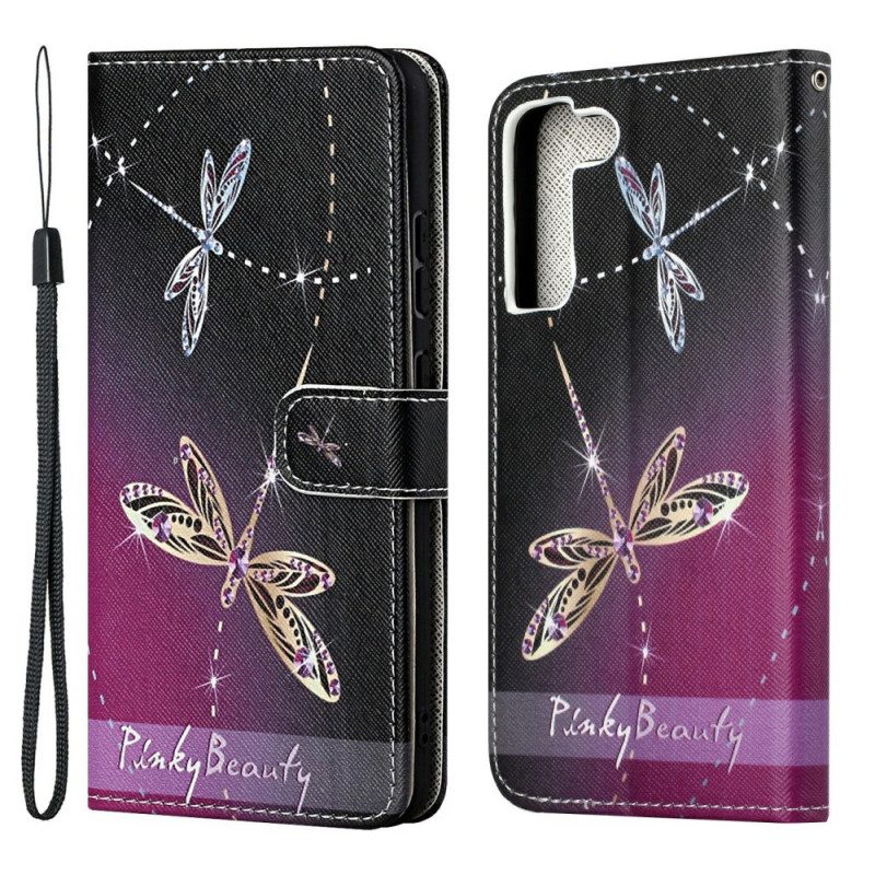 Leren Hoesje voor Samsung Galaxy S22 Plus 5G Met Ketting Strappy Libellen