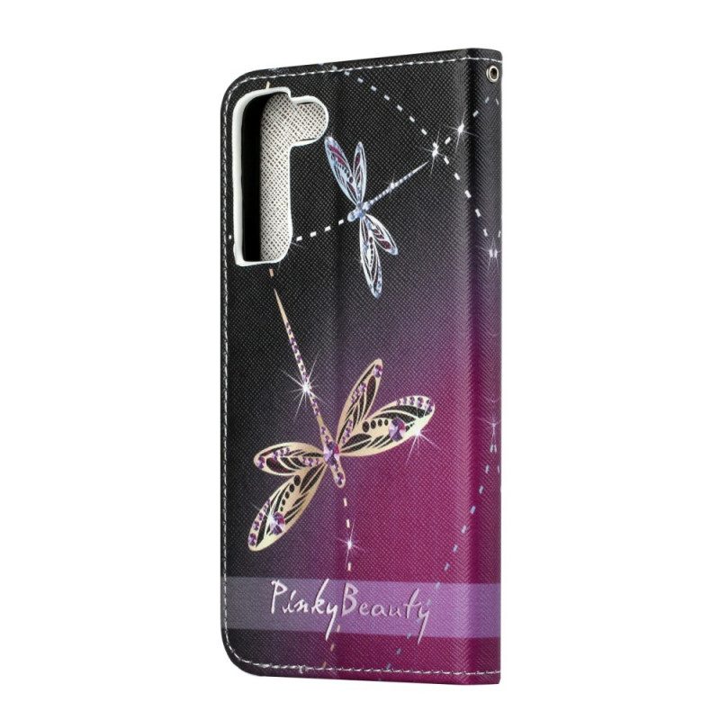 Leren Hoesje voor Samsung Galaxy S22 Plus 5G Met Ketting Strappy Libellen