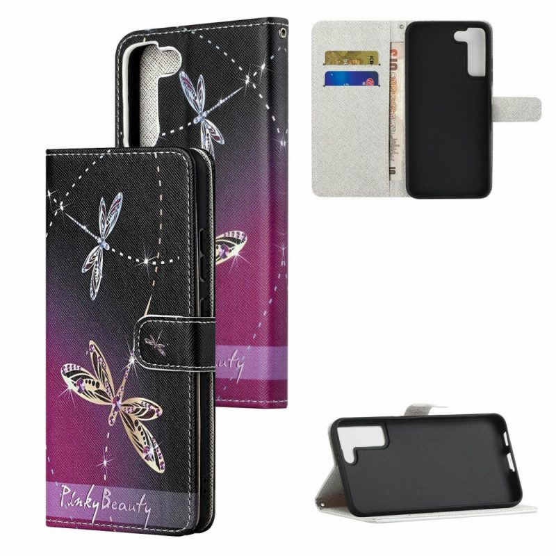 Leren Hoesje voor Samsung Galaxy S22 Plus 5G Met Ketting Strappy Libellen