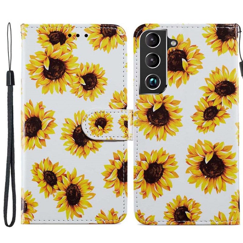 Leren Hoesje voor Samsung Galaxy S22 Plus 5G Zonnebloemen