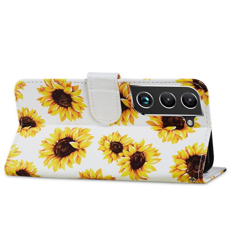 Leren Hoesje voor Samsung Galaxy S22 Plus 5G Zonnebloemen