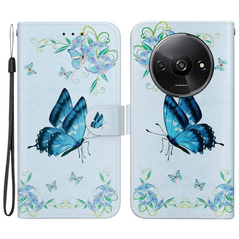 Bescherming Hoesje Poco C61 Blauwe Vlinder En Bloemen Met Riempje