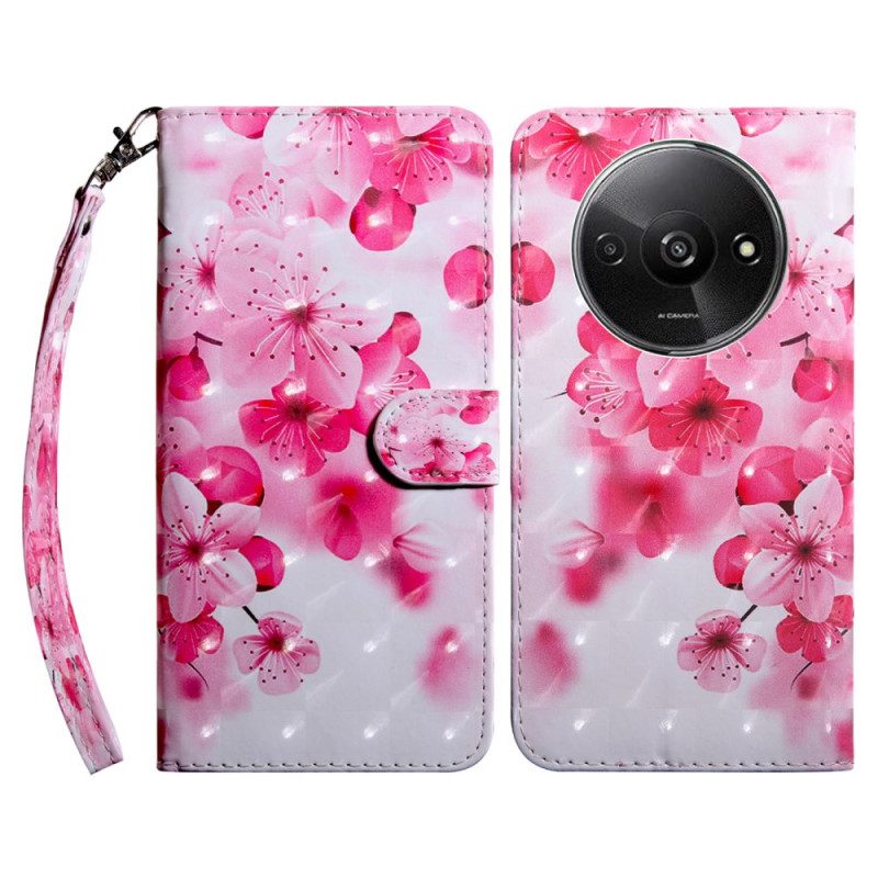 Flip Case Leren Poco C61 Rode Bloemen Met Riem