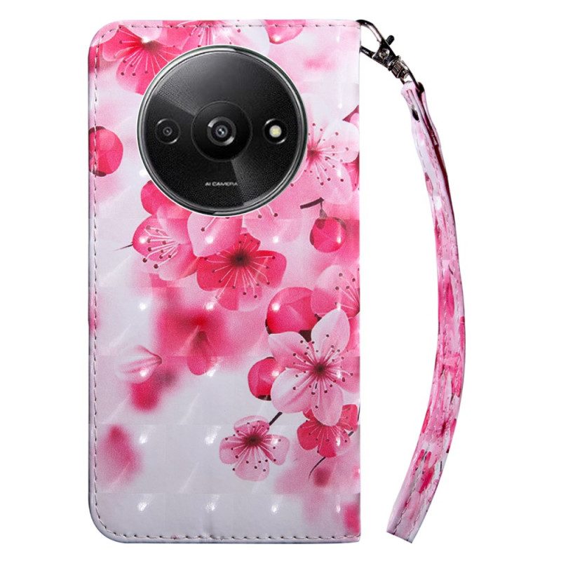 Flip Case Leren Poco C61 Rode Bloemen Met Riem