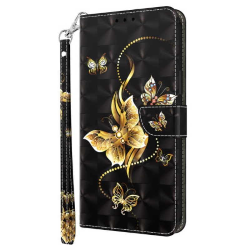 Folio-hoesje Poco C61 Gouden Vlinders Met Riem