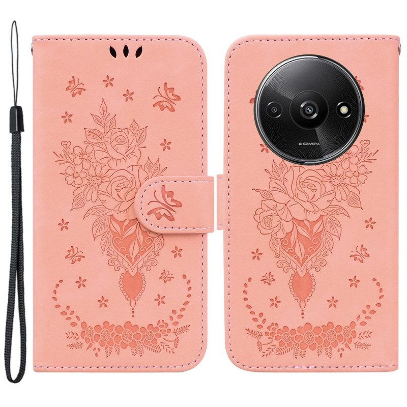 Folio-hoesje Poco C61 Rozen En Vlinders Met Riem