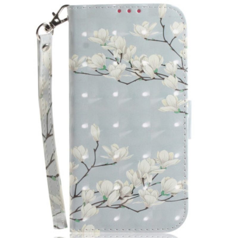 Leren Hoesje Poco C61 Gestreepte Magnolia's Bescherming Hoesje