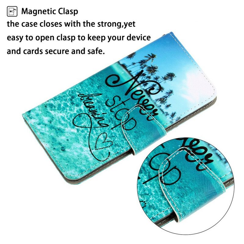 Flip Case voor Huawei P40 Lite E Met Ketting Stop Nooit Met Dromen In Marineblauwe Bandjes