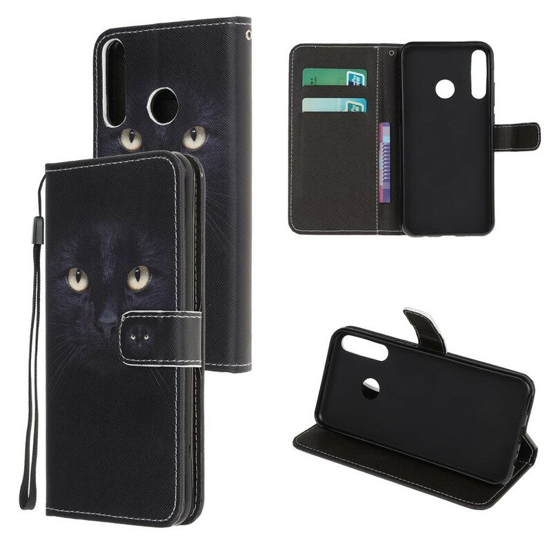 Flip Case voor Huawei P40 Lite E Met Ketting Strappy Zwarte Kattenogen