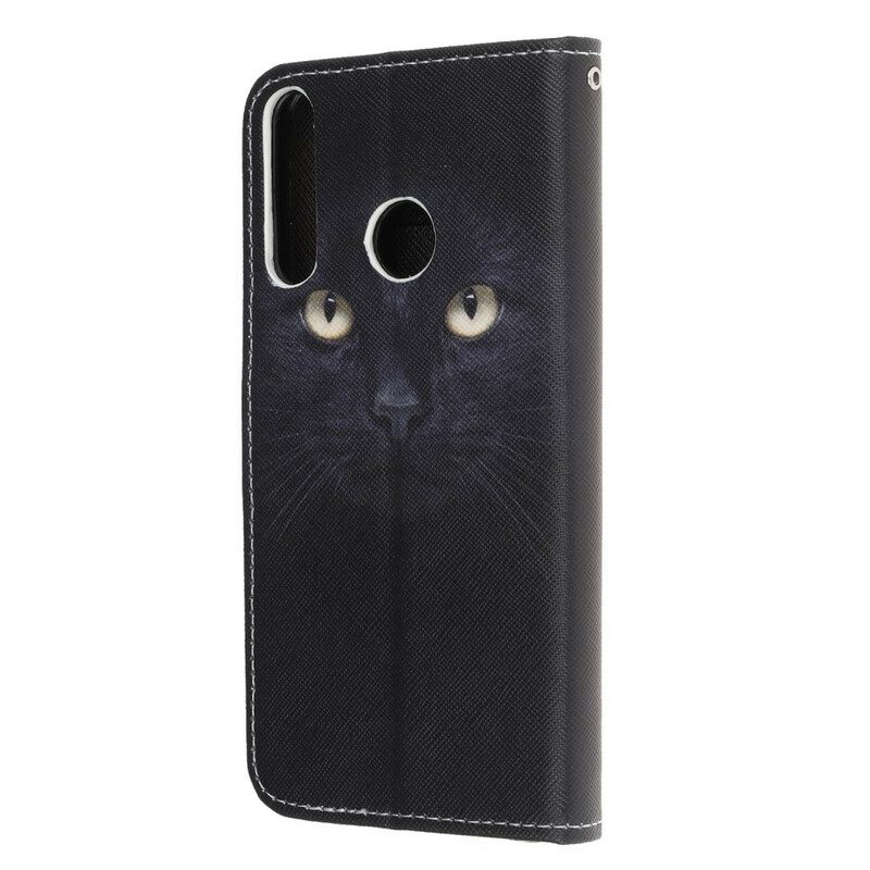 Flip Case voor Huawei P40 Lite E Met Ketting Strappy Zwarte Kattenogen