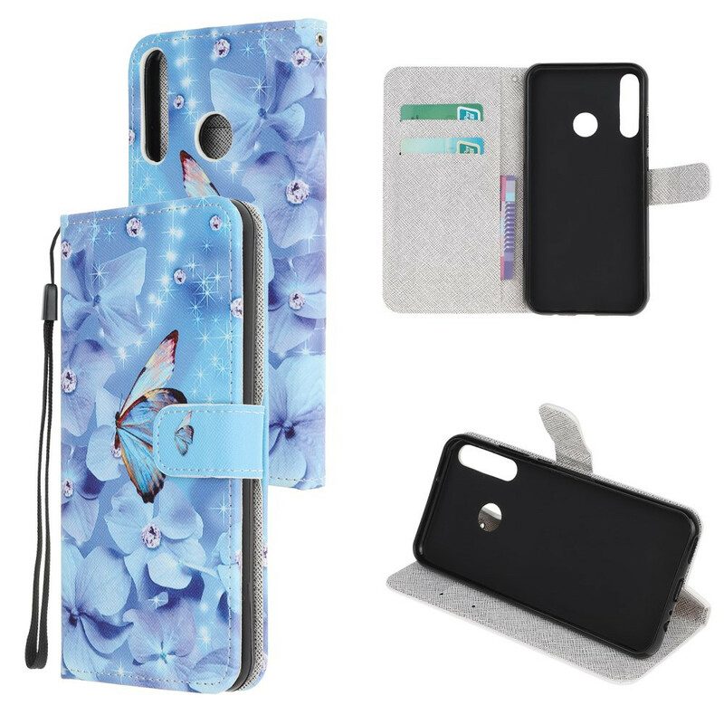 Folio-hoesje voor Huawei P40 Lite E Met Ketting Strappy Diamanten Vlinders