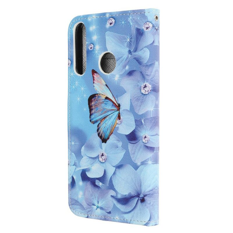 Folio-hoesje voor Huawei P40 Lite E Met Ketting Strappy Diamanten Vlinders