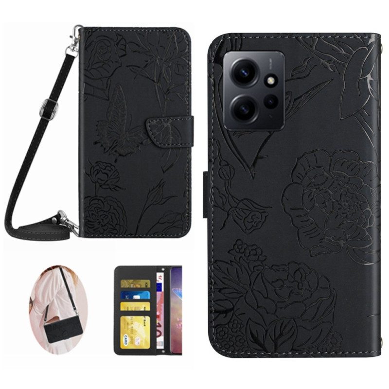 Flip Case voor Xiaomi Redmi Note 12 4G Vlinders En Schouderriem