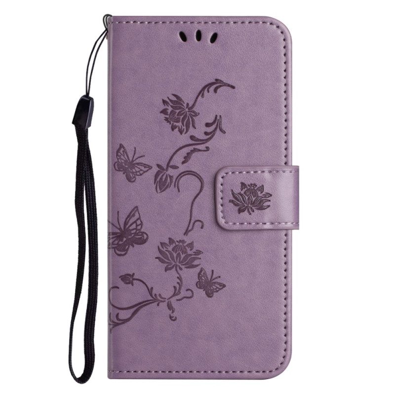 Folio-hoesje voor Xiaomi Redmi Note 12 4G Met Ketting Bloemen En Vlinders Met Riem