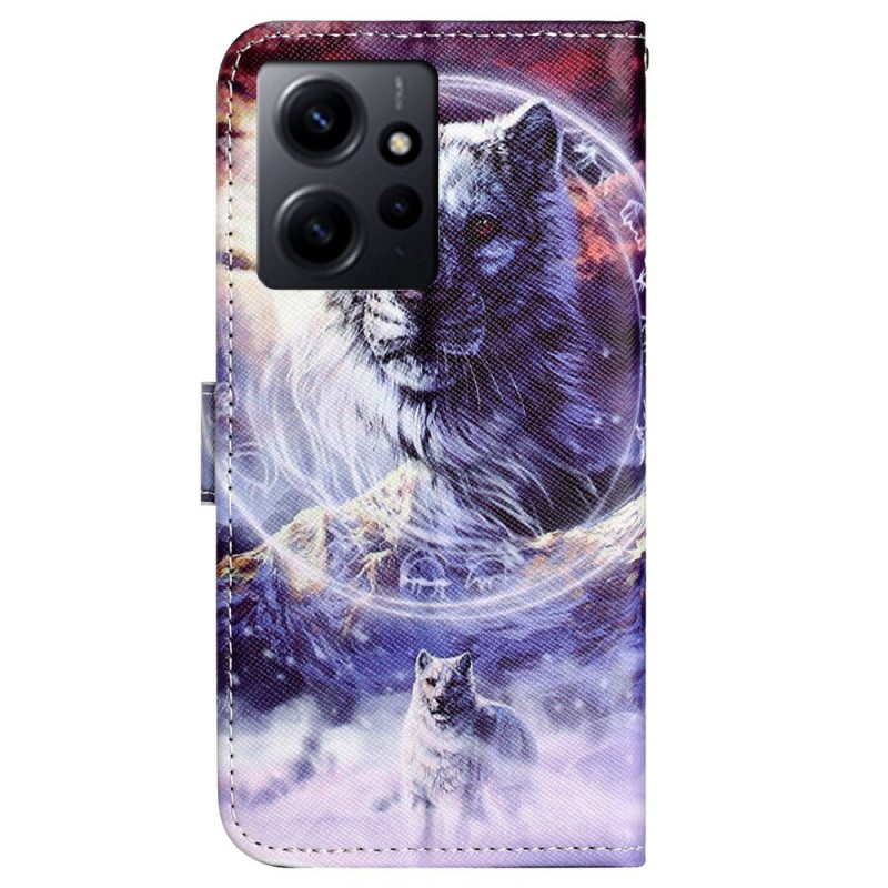 Leren Hoesje voor Xiaomi Redmi Note 12 4G Met Ketting Sneeuwwolf Met Bandjes