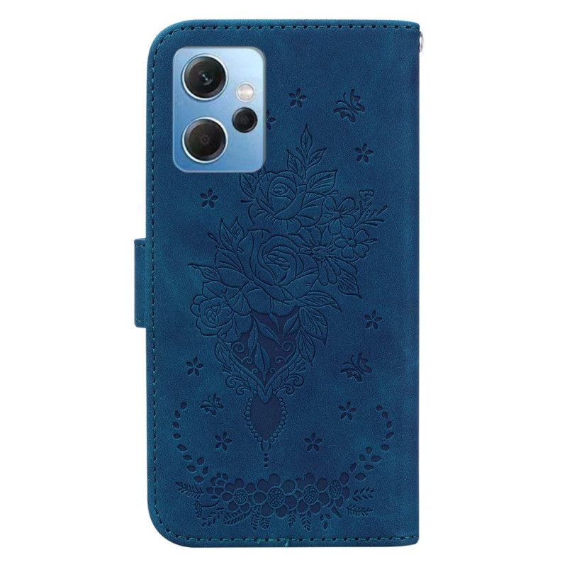 Leren Hoesje voor Xiaomi Redmi Note 12 4G Met Ketting Strappy Rozen En Vlinders