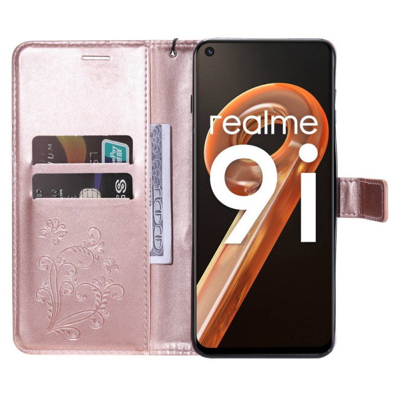 Leren Hoesje voor Realme 9i Met Ketting Gigantische Vlinder Met Bandjes