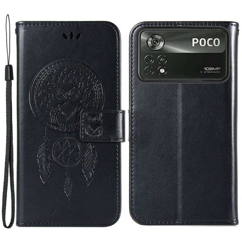 Flip Case voor Poco X4 Pro 5G Met Ketting Uil Dromenvanger Met Riem