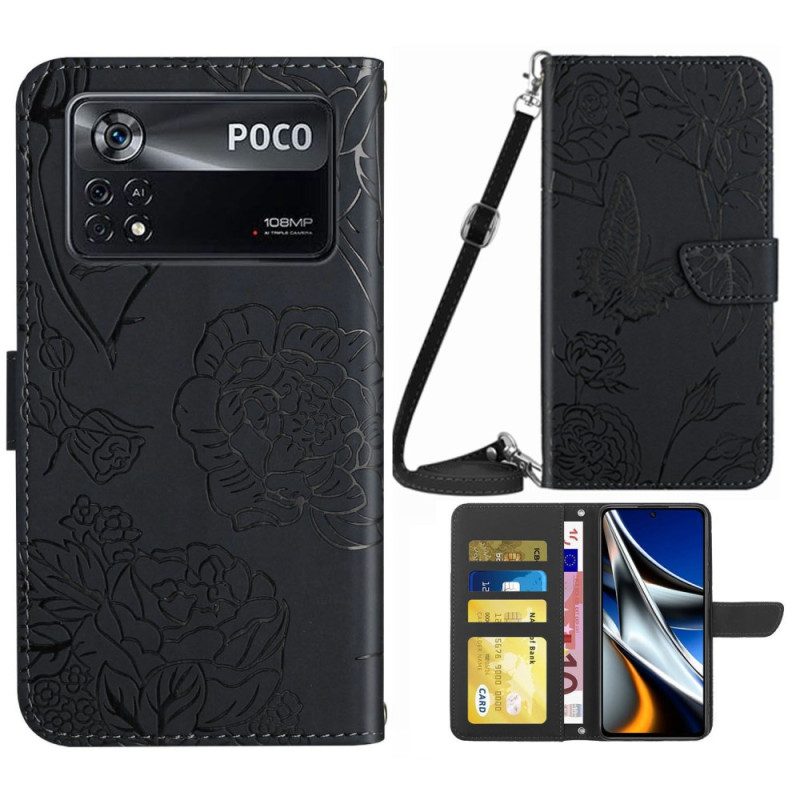 Flip Case voor Poco X4 Pro 5G Vlinders Met Schouderriem