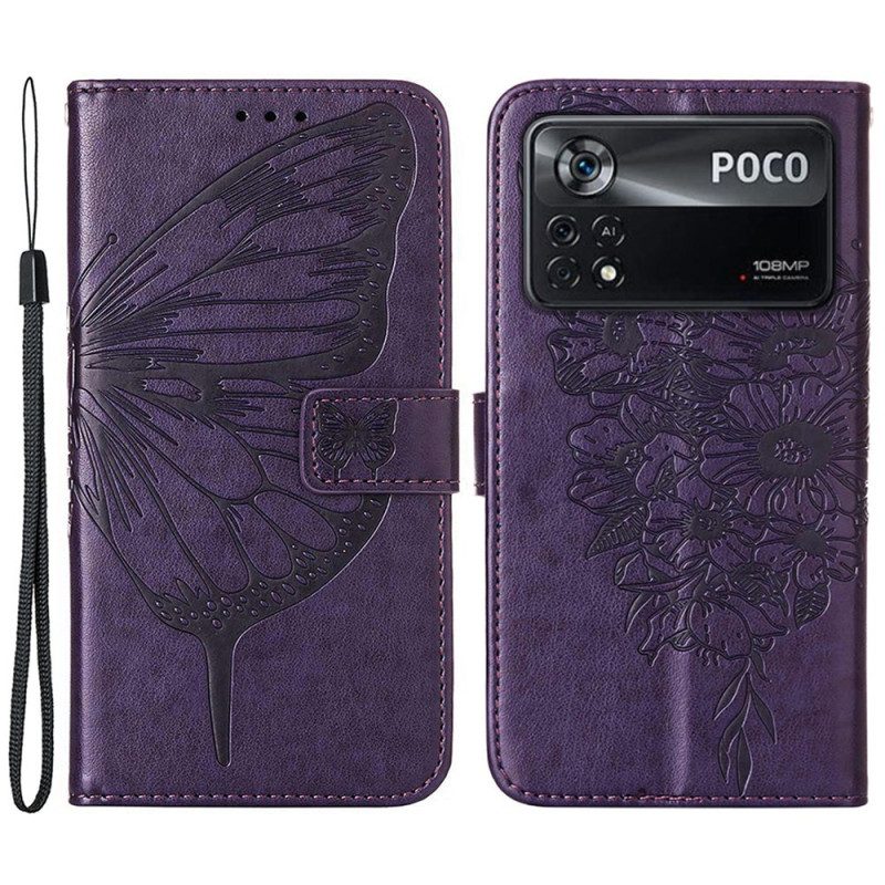 Folio-hoesje voor Poco X4 Pro 5G Met Ketting Barokke Strappy Vlinder