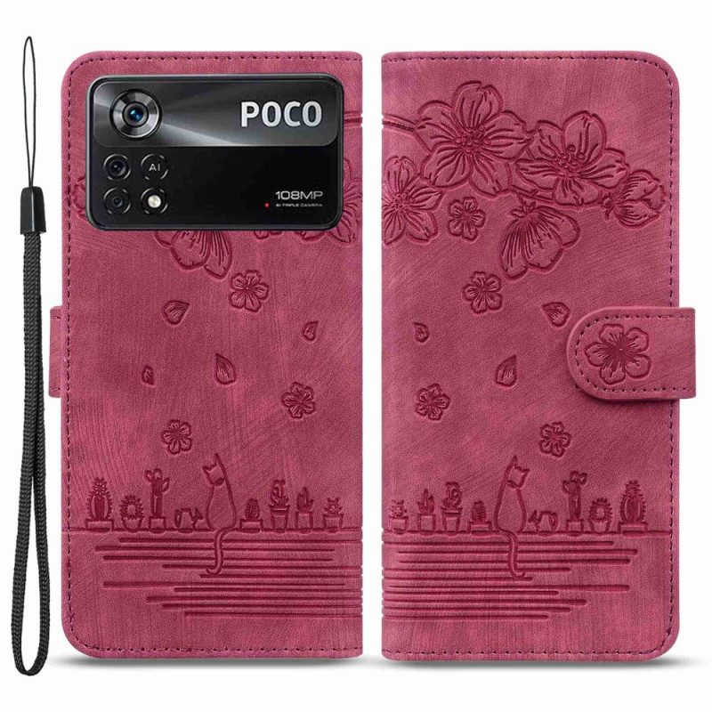 Folio-hoesje voor Poco X4 Pro 5G Met Ketting Bloemen String Kat