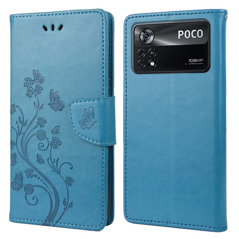 Folio-hoesje voor Poco X4 Pro 5G Met Ketting Bloemen String Vlinders