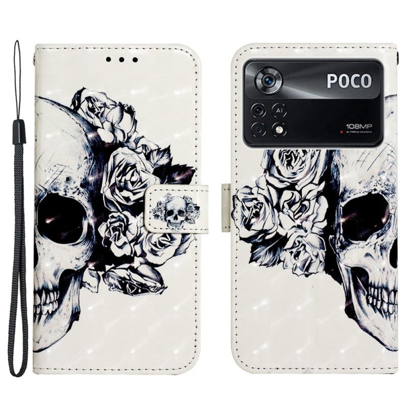 Folio-hoesje voor Poco X4 Pro 5G Met Ketting Bloemenschedel Met Riem