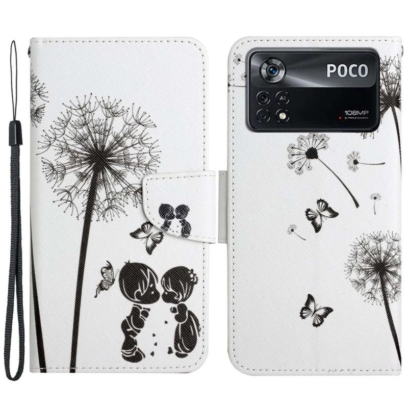 Folio-hoesje voor Poco X4 Pro 5G Met Ketting Lanyard Liefde Paardebloemen