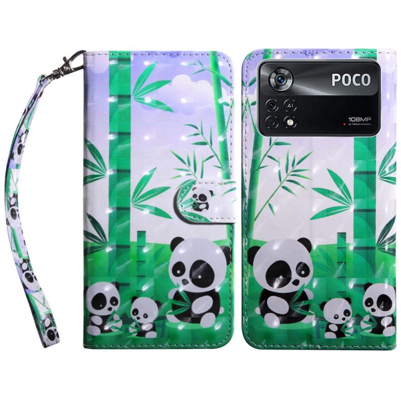 Folio-hoesje voor Poco X4 Pro 5G Met Ketting Lanyard Panda-familie