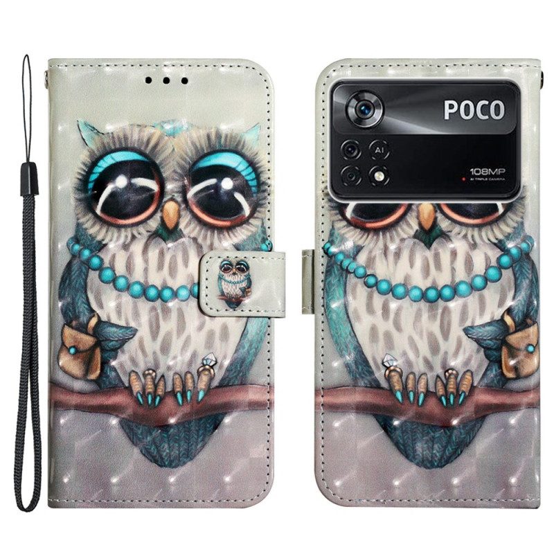 Folio-hoesje voor Poco X4 Pro 5G Met Ketting Miss Uil Met Riem