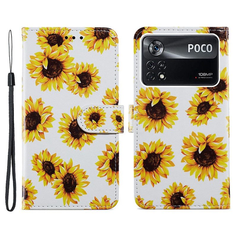 Folio-hoesje voor Poco X4 Pro 5G Met Ketting Riem Bloemen