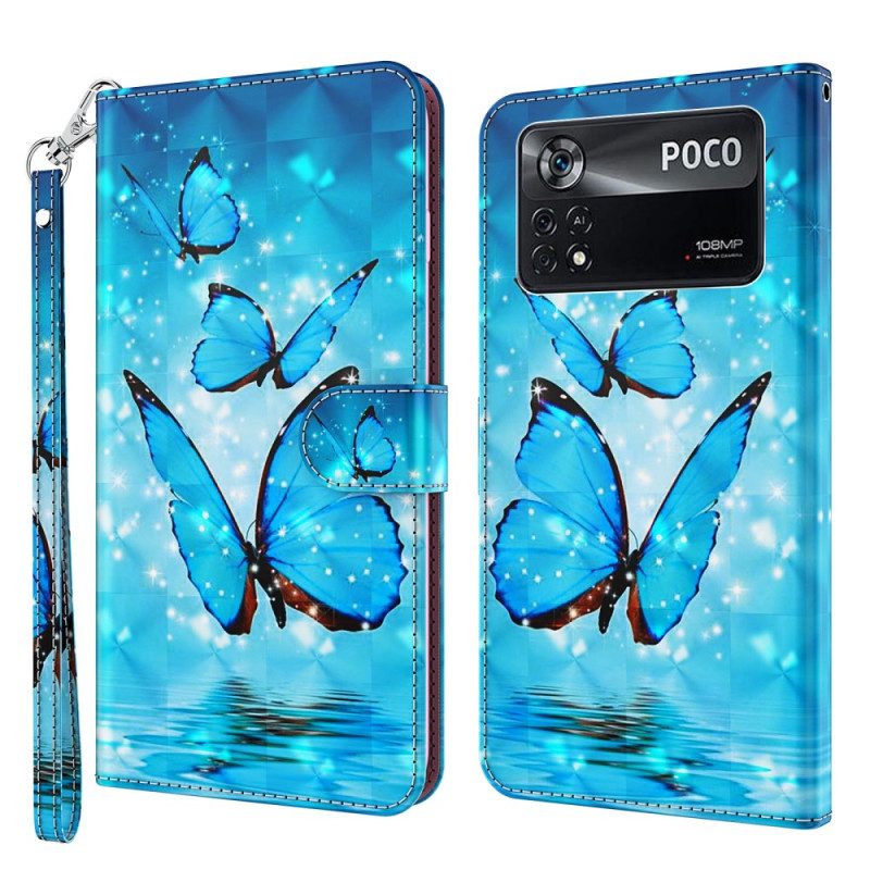 Folio-hoesje voor Poco X4 Pro 5G Met Ketting String Vlinders