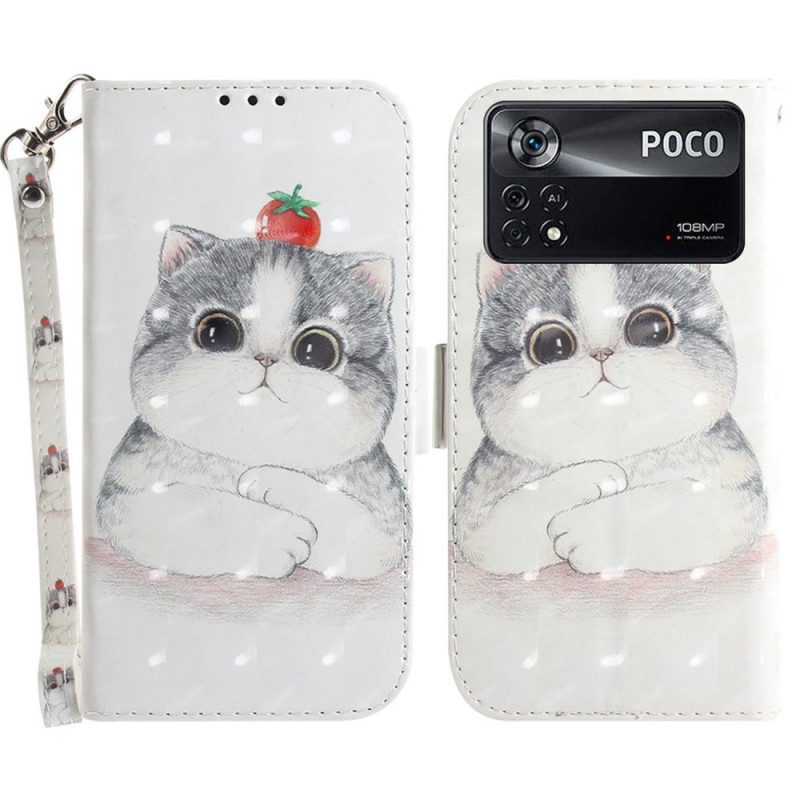 Folio-hoesje voor Poco X4 Pro 5G Met Ketting Tomaat Op De Kat Met Een Riempje