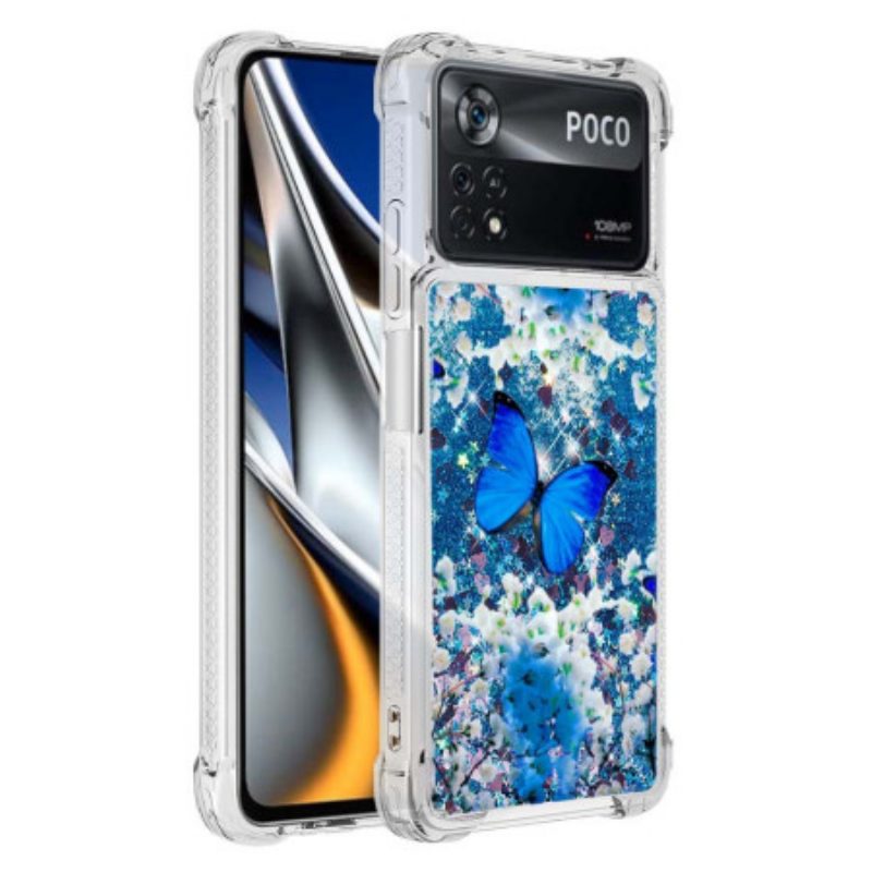 Hoesje voor Poco X4 Pro 5G Glitter Blauwe Vlinders