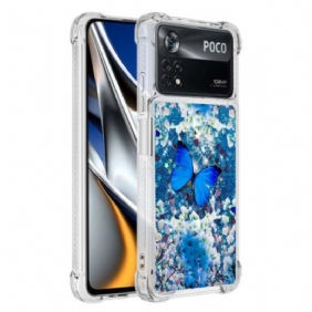 Hoesje voor Poco X4 Pro 5G Glitter Blauwe Vlinders