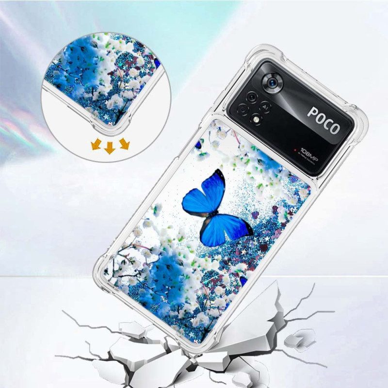 Hoesje voor Poco X4 Pro 5G Glitter Blauwe Vlinders