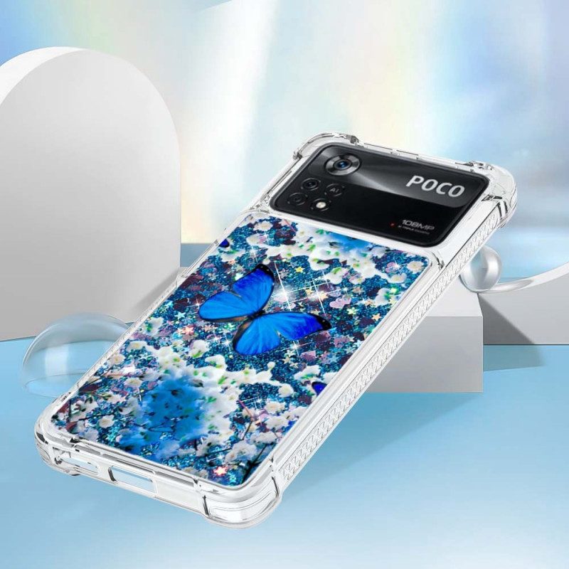 Hoesje voor Poco X4 Pro 5G Glitter Blauwe Vlinders