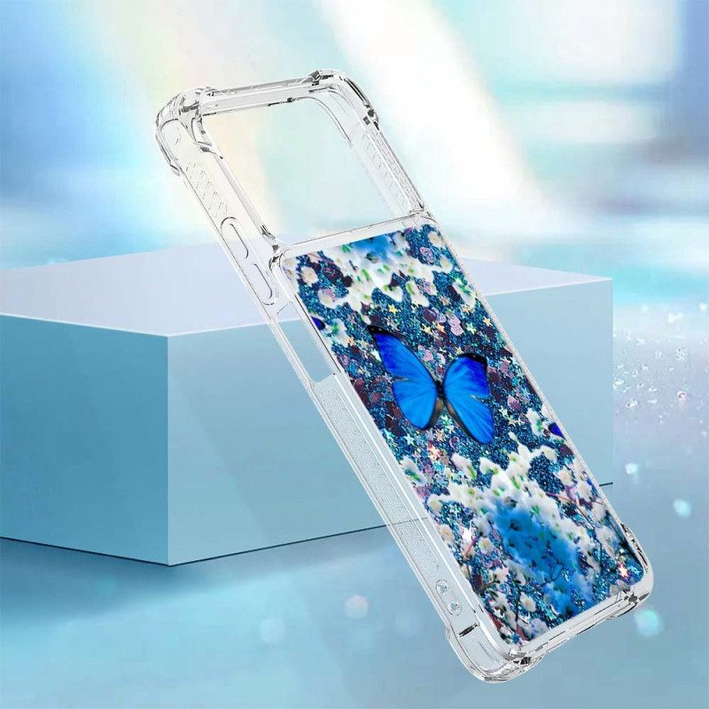 Hoesje voor Poco X4 Pro 5G Glitter Blauwe Vlinders