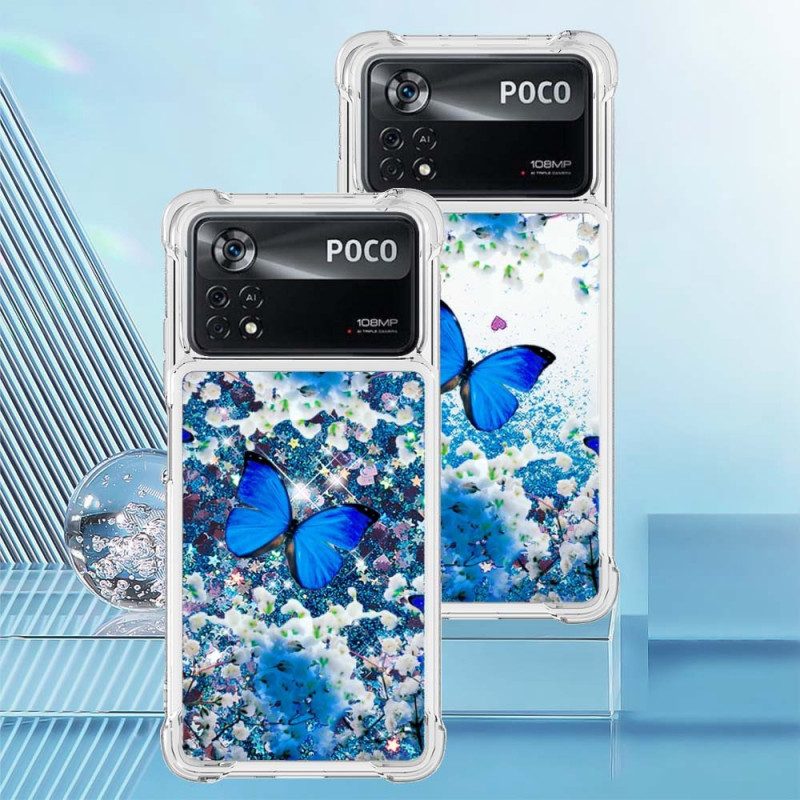 Hoesje voor Poco X4 Pro 5G Glitter Blauwe Vlinders