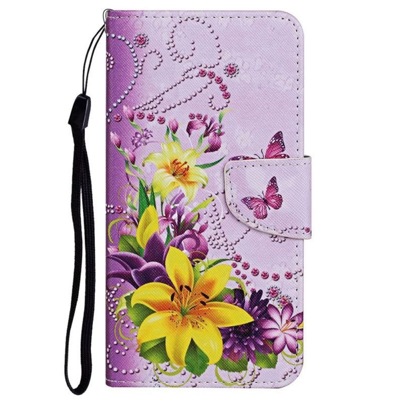 Leren Hoesje voor Poco X4 Pro 5G Met Ketting Bloemenfantasie Met Bandjes