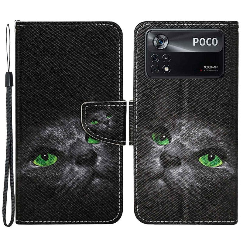 Leren Hoesje voor Poco X4 Pro 5G Met Ketting Kat Met Groene Ogen In Riem