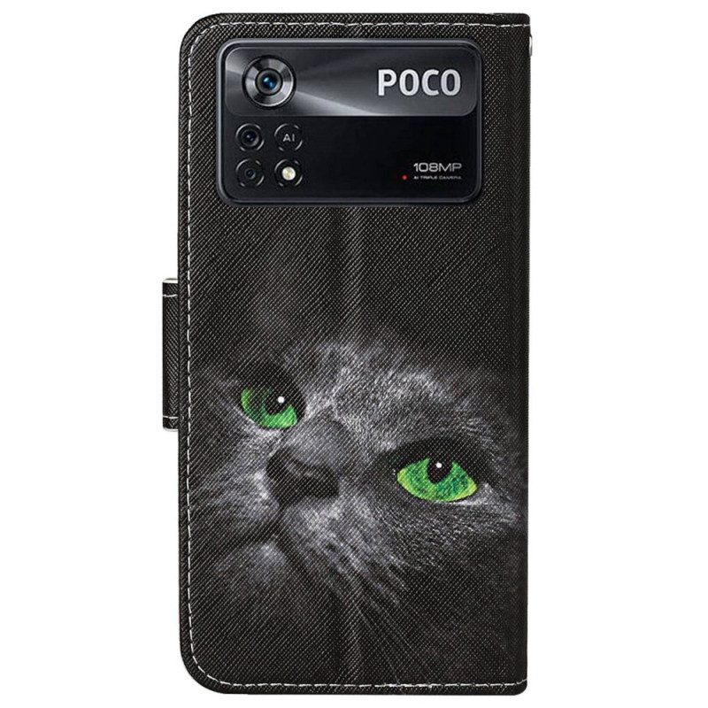 Leren Hoesje voor Poco X4 Pro 5G Met Ketting Kat Met Groene Ogen In Riem